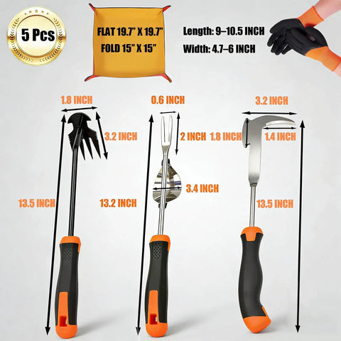 All In One 5 Pack Weed Puller Tool Set With Stainless Steel V Shaped Digger, 4 Tine Cultivator, Crack Weeder, Gloves, Mat