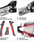 Snap Lock Punch Tool for Sheet Metal with drop forged steel jaw and ergonomic non-slip handle, safe storage lock buckle shown close-up.