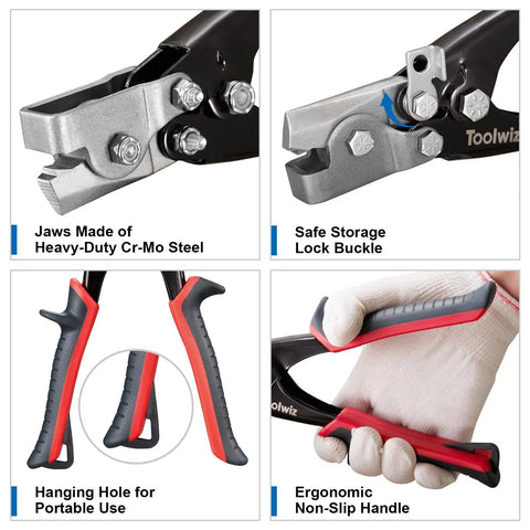 Snap Lock Punch Tool for Sheet Metal with drop forged steel jaw and ergonomic non-slip handle, safe storage lock buckle shown close-up.