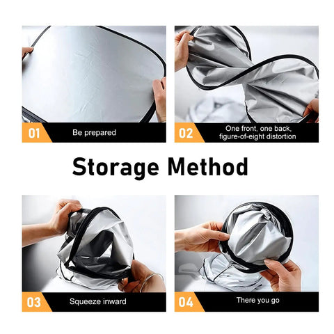 Storage method for 6PCS Reflective Car Windshield Sunshade Kit with Foldable Magnetic Side Window Shades and Storage Bag.