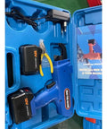 Cordless 12V Lithium Rebar Tying Tool With Adjustable Tie Wire Length From 300 To 500 mm in blue case with accessories
