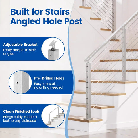36 Inch Stair Cable Railing Post 2x2 Surface Mount Brushed T304 Stainless Steel For Indoor Outdoor Stairs 25 To 35 Degree Install End Or Mid Post Pre Drilled With 10 Angle Holes showing adjustable bracket and pre-drilled holes.