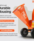 Detail view of 7 HP Mini Wood Chipper Shredder Mulcher with steel construction, featuring extended chute and durable wheels.