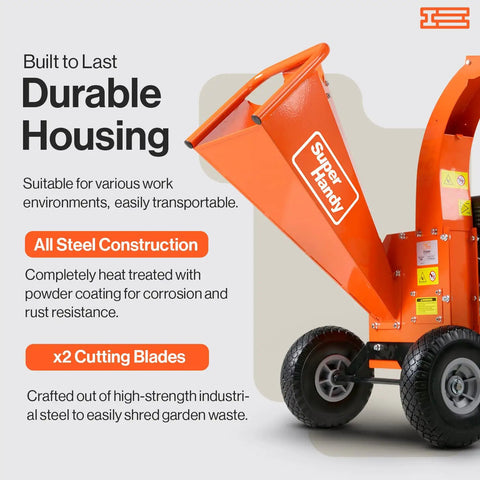 Detail view of 7 HP Mini Wood Chipper Shredder Mulcher with steel construction, featuring extended chute and durable wheels.