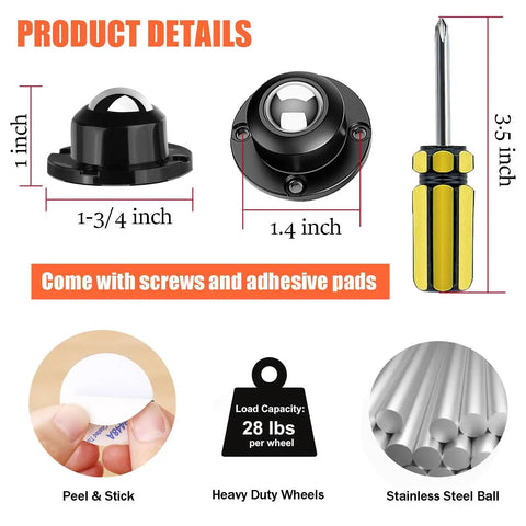 24 Pack Self Adhesive Caster Wheels One Inch Low Profile Swivel Glides With Smooth Ride Steel Cores No Fuss Heavy Duty Furniture Rollers For Mop Bins And Storage Crates product details with sizes, screws, and adhesive pads.