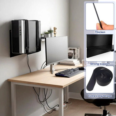 Universal PC Wall Mount Rock Solid Metal Support Bracket For Desktop Towers And CPUs showing PC mounted with straps behind monitor.