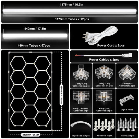 Hexagon LED Garage Lights Honeycomb Grid Panels 672W 80640LM 6500K Beastly Bright With components and dimensions