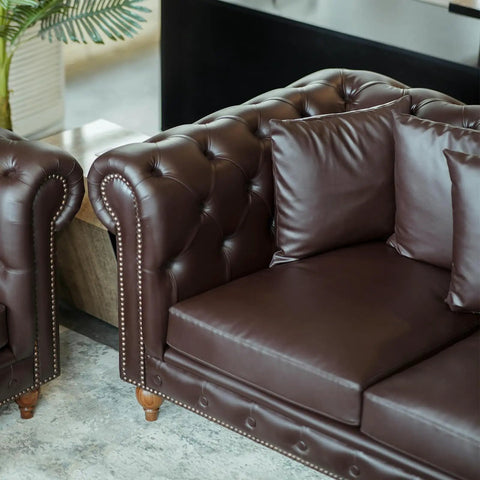 Antique Brass Upholstery Tacks with 3/8 Inch Round Head Dome, High Quality Furniture Nails for Legit Grip on brown leather couch.