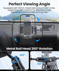 Heavy Duty Metal Phone Mount For Jeep Wrangler JK JKU 2011 To 2018 Dash Holder showing 360-degree rotation and metal ball joint system.