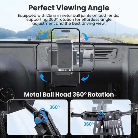 Heavy Duty Metal Phone Mount For Jeep Wrangler JK JKU 2011 To 2018 Dash Holder showing 360-degree rotation and metal ball joint system.