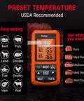 Ultra Long Range Wireless Meat Thermometer With Dual Probes Up To 500ft showing preset temperatures and easy settings