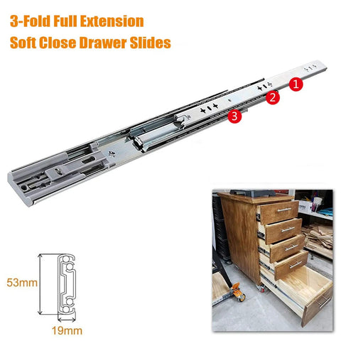 Beefy Soft Close Drawer Slides Pair, 30 Inch Heavy Duty Rails, 2mm Thick Metal, 53mm Wide shown with cabinet installation