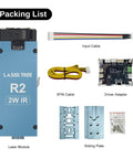 Packing list for 2W 1064 Nanometer Infrared Laser Module Straight Up Precision, includes cables and sliding plate.