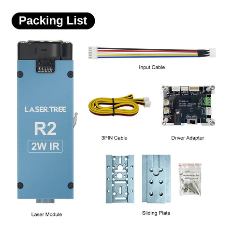 Packing list for 2W 1064 Nanometer Infrared Laser Module Straight Up Precision, includes cables and sliding plate.