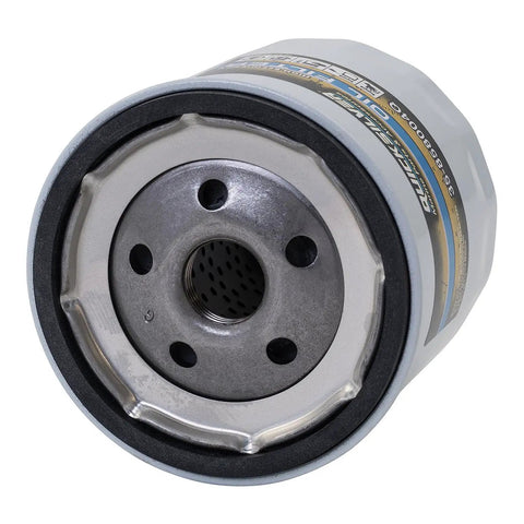 Close-up of High Performance Oil Filter 858004Q for MerCruiser sterndrive and inboard engines, showing anti drain back valve.