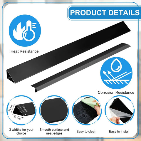 Three Pack Range Rear Filler Kit 30 Inch Triangular Fill Strip Cooktop Trim Kit showing black strips with heat and corrosion resistance