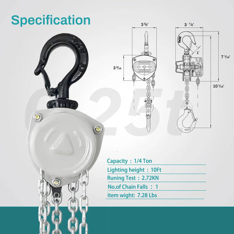 Beefy 550 Lb Chain Hoist 1/4 Ton Manual Hand Hoist With 10 Ft Chain Dual Hooks For Garage Shop Warehouse Heavy Duty Pulley Hoist With Corrosion Protected Brake And Steel Gear System, front view with specs