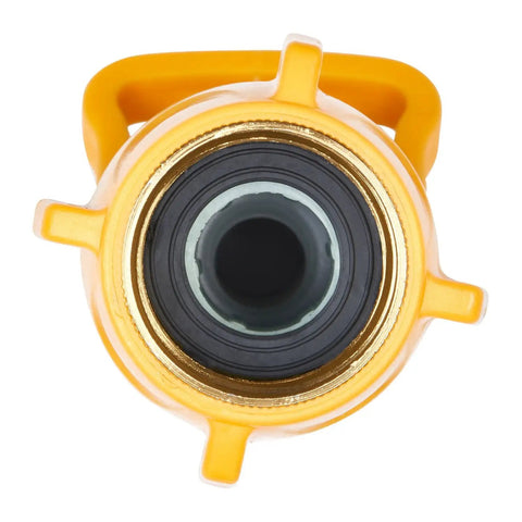 Front view of Lever Flow-Through Valve Connector Bundle for hose fittings showing metal threads and yellow lever handle.