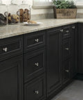 Slick Satin Brushed Nickel Round Mushroom Cabinet Knobs Set 30mm Drawer Pull Handles on dark kitchen cupboards.