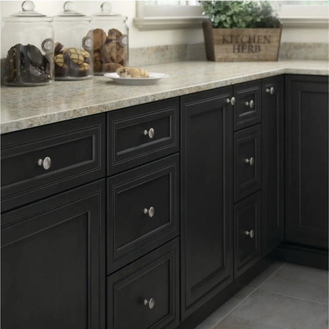 Slick Satin Brushed Nickel Round Mushroom Cabinet Knobs Set 30mm Drawer Pull Handles on dark kitchen cupboards.