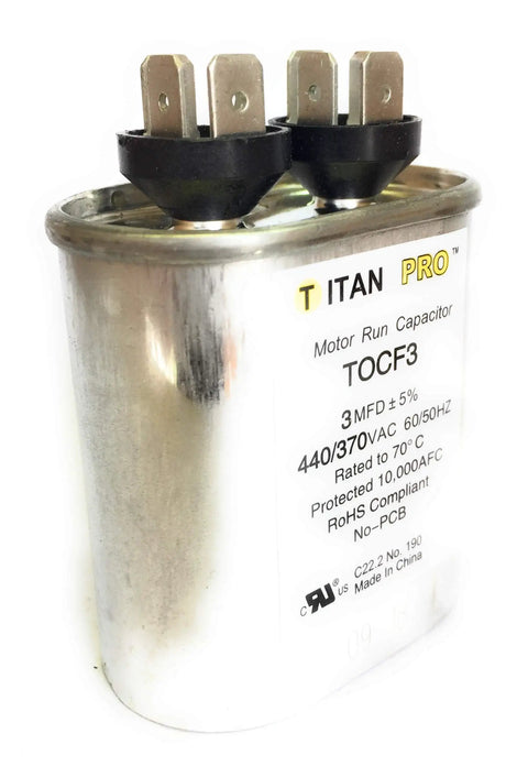 Motor Run Capacitor 3 MFD 370-440VAC 60/50 Hz Oval Shape UL Recognized E185318 High Quality 3 Microfarad HVAC Capacitor For Reliable Motor Performance In Small Fans And Compressors, metal can with spade terminals
