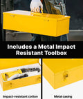 VEVOR 900W Electric Rebar Cutter Portable Hydraulic Cutting Machine 110V with a yellow metal toolbox for impact resistance.