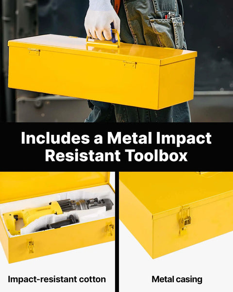 VEVOR 900W Electric Rebar Cutter Portable Hydraulic Cutting Machine 110V with a yellow metal toolbox for impact resistance.