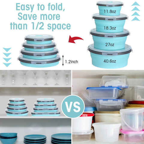 16 Pack Collapsible Food Storage Containers With Lids Foldable 8 Rectangular Bowls And 8 Round Silicone Bowls stack comparison