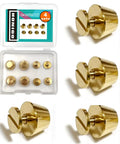 Hella Durable Gold Brass Rivet Studs For Handbags And Purses Heavy Duty Screw Back Feet in a clear container, 12mm size.