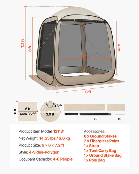 Diagram of 6x6 Ft Pop Up Screen Tent For 4 To 8 People Portable Screen Room Gazebo with dimensions and accessories listed.