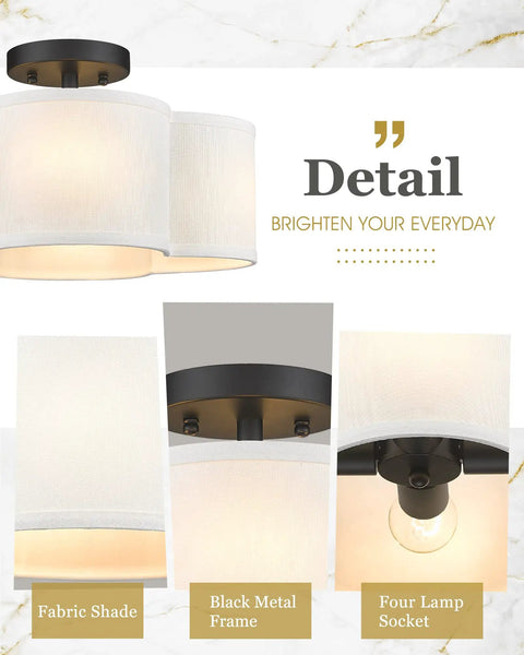 Black Semi Flush Mount Ceiling Light With Fabric Shade In Quatrefoil Shape, No Fuss Farmhouse 13 Inch Ceiling Fixture Detail View
