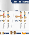 Essential Tankless Water Heater Valve Kit With No Sweat Pressure Relief Valves And Quick Connect Npt Adapter Fittings - installation guide, brass fittings, Teflon tape.