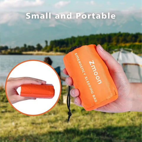 Emergency Mylar Sleeping Bag Set For Camping Waterproof Thermal Bivy Sacks in compact orange pack outdoors