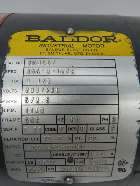 Plate details of Used General Purpose Industrial Motor VM3557 56C TEFC Ready To Roll For Your Shop Or Plant In Working Condition