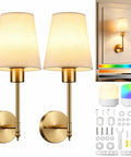 Battery Operated Wall Sconce Set of Two, Wireless Wall Lights with Remote in gold finish, wall mounted, featuring dimmable shades.
