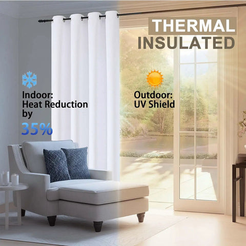 Pure White Thermal Insulated Window Curtains With Silver Grommets, 2 Panels Each 52x84 Inches, in a bright living room.