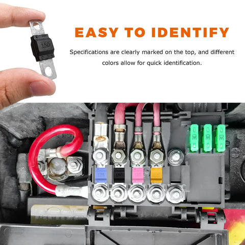 Tough As Nails 18 Piece High Current Bolt On Fuse Kit With 30A To 175A Amps, visible fuses in a fuse box, clearly marked for easy identification.