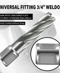 Front view of SALI annular cutter, 1-1/2 in diameter, Weldon 3/4 in shank with two flats, 2 in cutting depth