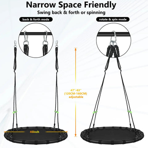 Black Outdoor Saucer Swing With PP Mat For Yard Garden And Park Easy To Install Sturdy Steel Frame Weather Resistant Rope