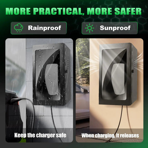 Heavy Duty Wall Charger Station Box With Slick Tempered Glass Panel and Built Cable Organizer shown in rainproof and sunproof settings.