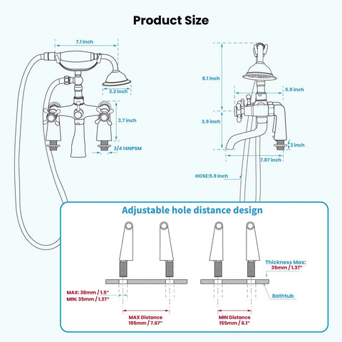 Clawfoot Bathtub Faucet With Handheld Shower Set Chrome Polished Finish, Victorian Telephone Sprayer diagram with measurements.