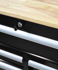 Beefy 9 Drawer Rolling Tool Chest On Wheels With Wood Top Heavy Duty Steel Tool Cabinet For Garage Workshop Or Warehouse Large Capacity Tool Organizer For Tools Parts And Gear, close-up of lock and wood top