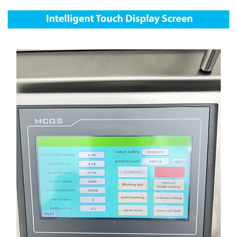 Intelligent touch display screen of Top Shelf Fully Automatic Round Bottle Labeling Machine, showing operational settings and controls.