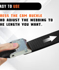 Close-up of hand adjusting 2 Pack 1.5 Inch By 8 Ft Beefy 3000 Lb Motorcycle Tie Down Straps Heavy Duty Cam Buckle With S Hooks Soft Loops.