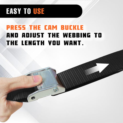 Close-up of hand adjusting 2 Pack 1.5 Inch By 8 Ft Beefy 3000 Lb Motorcycle Tie Down Straps Heavy Duty Cam Buckle With S Hooks Soft Loops.