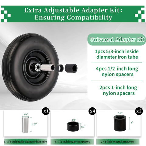 Flat Free 13 Inch Wheelbarrow Tire and Wheel Replacement, 4.00-6 Size with adapter kit and spacers displayed