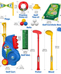 Toddler Golf Set for 2 3 4 5 Year Old Boys and Girls Upgraded Indoor Outdoor Golf Cart With Cornhole Board and Putting Mat Safe Durable Plastic Toy for Backyard Play Birthday Gift Easy to Use and Family Fun, showing contents and dimensions.