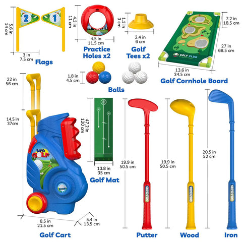 Toddler Golf Set for 2 3 4 5 Year Old Boys and Girls Upgraded Indoor Outdoor Golf Cart With Cornhole Board and Putting Mat Safe Durable Plastic Toy for Backyard Play Birthday Gift Easy to Use and Family Fun, showing contents and dimensions.