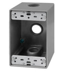 Weatherproof Outdoor Outlet Box With Three Quarter Inch Threaded Holes, One Gang Metal Electrical Box For Outdoor Receptacles, Built Tough Die Cast Construction That Blocks Moisture Dust Debris And Pests, front view