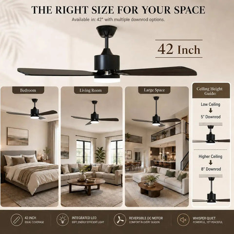 42 Inch Reversible Ceiling Fan With Integrated Light And Wireless Remote Providing Six Hella Quiet Speeds And Kickin Cooling Airflow For Your Ultimate Room Refresh in bedroom and living room settings